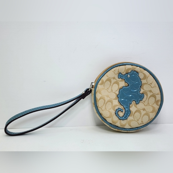 Coach Sea Horse Signature Coin Purse *Light Khaki/Blue* EUC - Picture 1 of 17